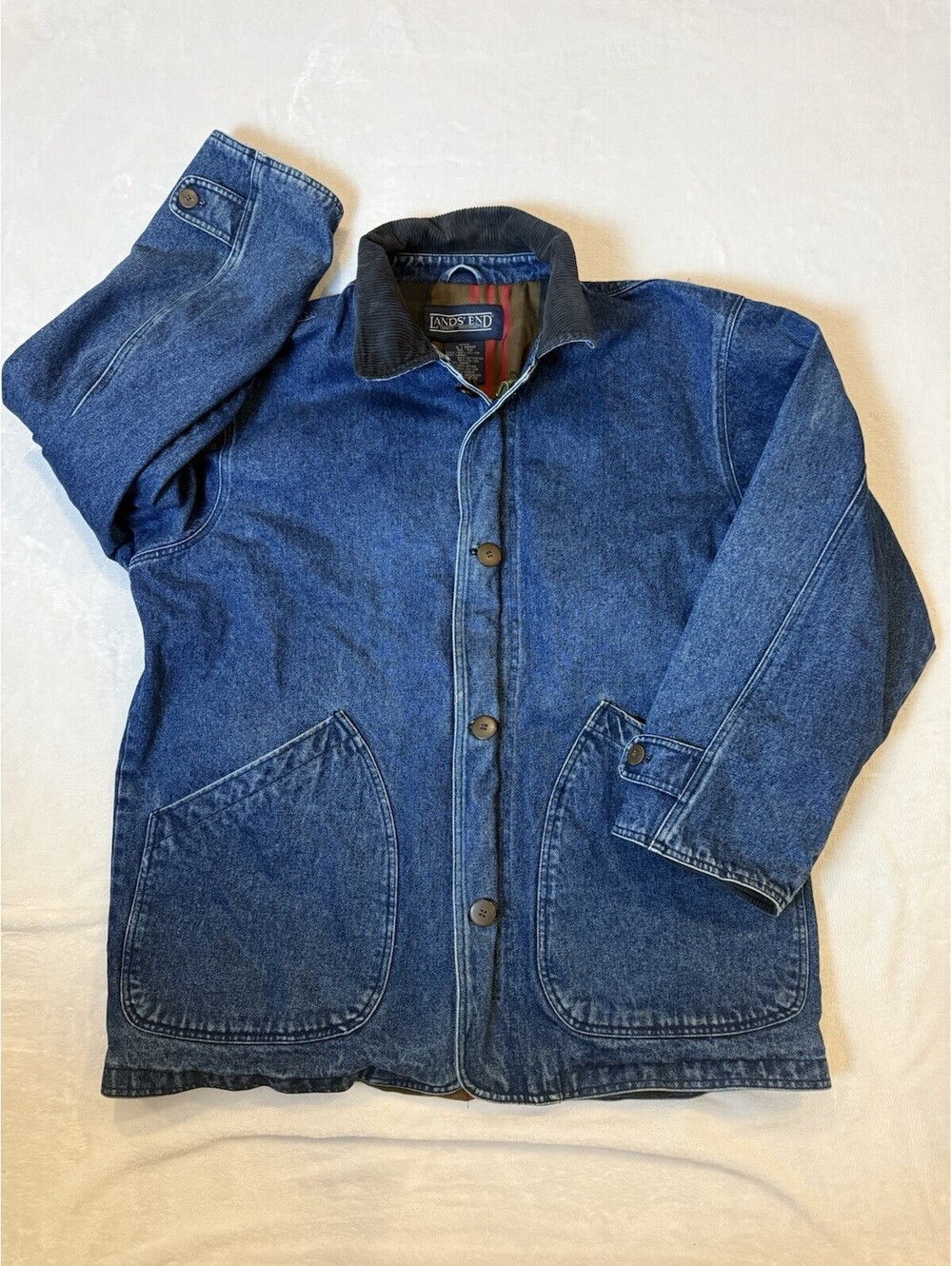 Vintage Lands End Denim Barn Chore Coat Jacket W/ Liner Sz XL Aztec 80s Western